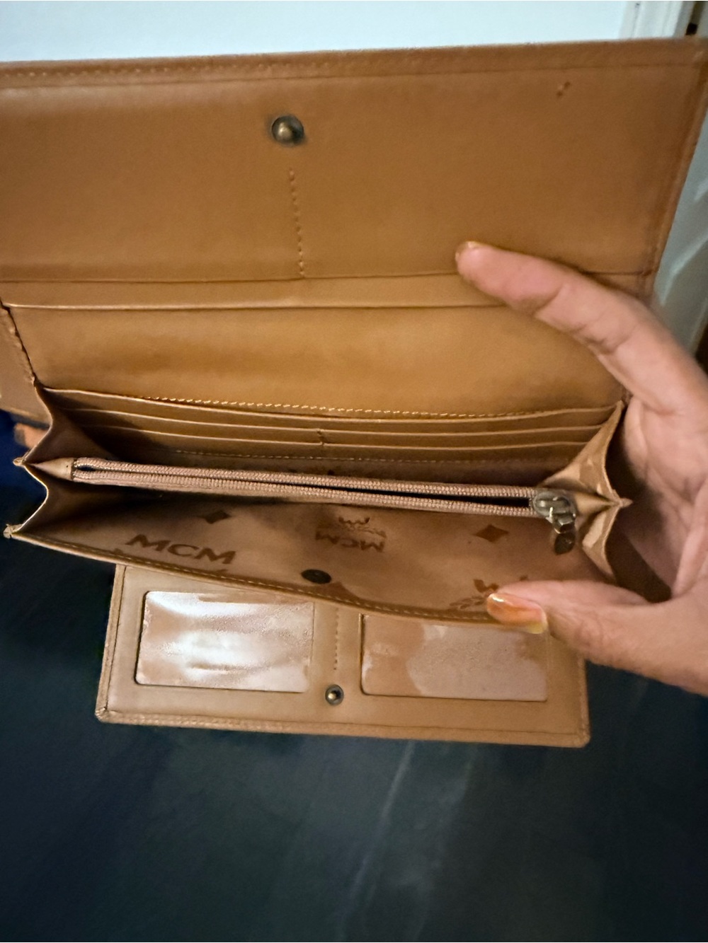 MCM Visetos Trifold Wallet in Cognac Brown with Dark Brown Trim - Picture 8 of 12